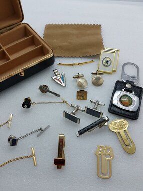 Black & Gold Tone Box Lot Of Vintage Cuff Links, Tie Clips, Lapel Pin, Clips